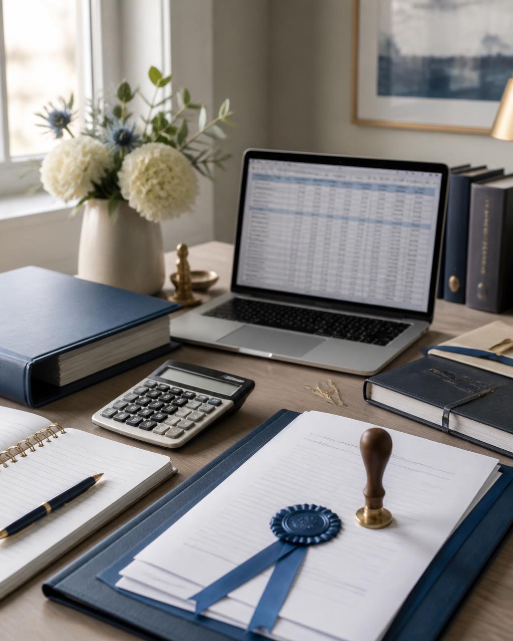Bookkeeping ledgers, calculator and a notary seal on a tidy desk